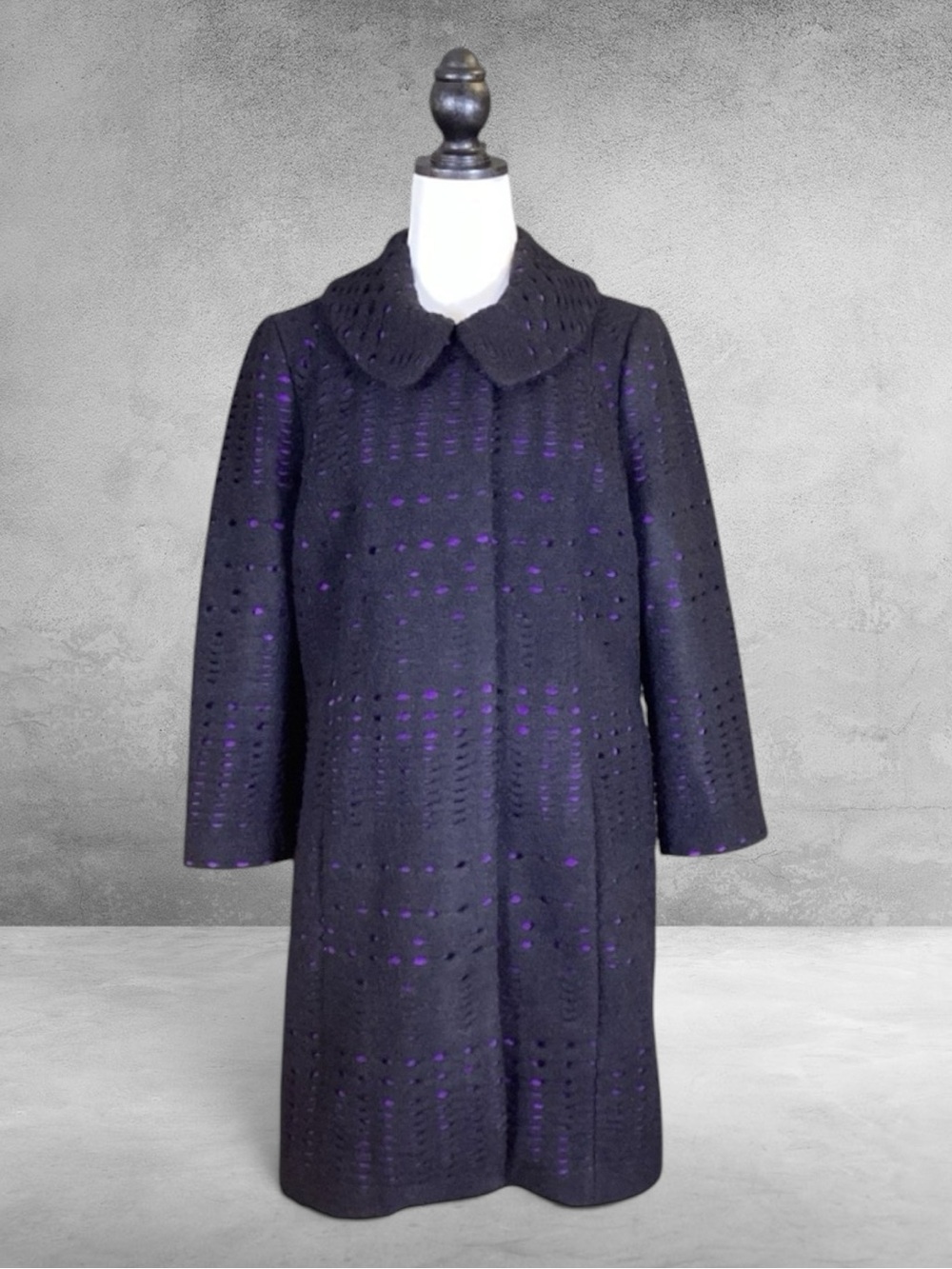 Anthropologie Plenty by Tracy Reese Coat Black Purple Wool Blend Retro Mod M